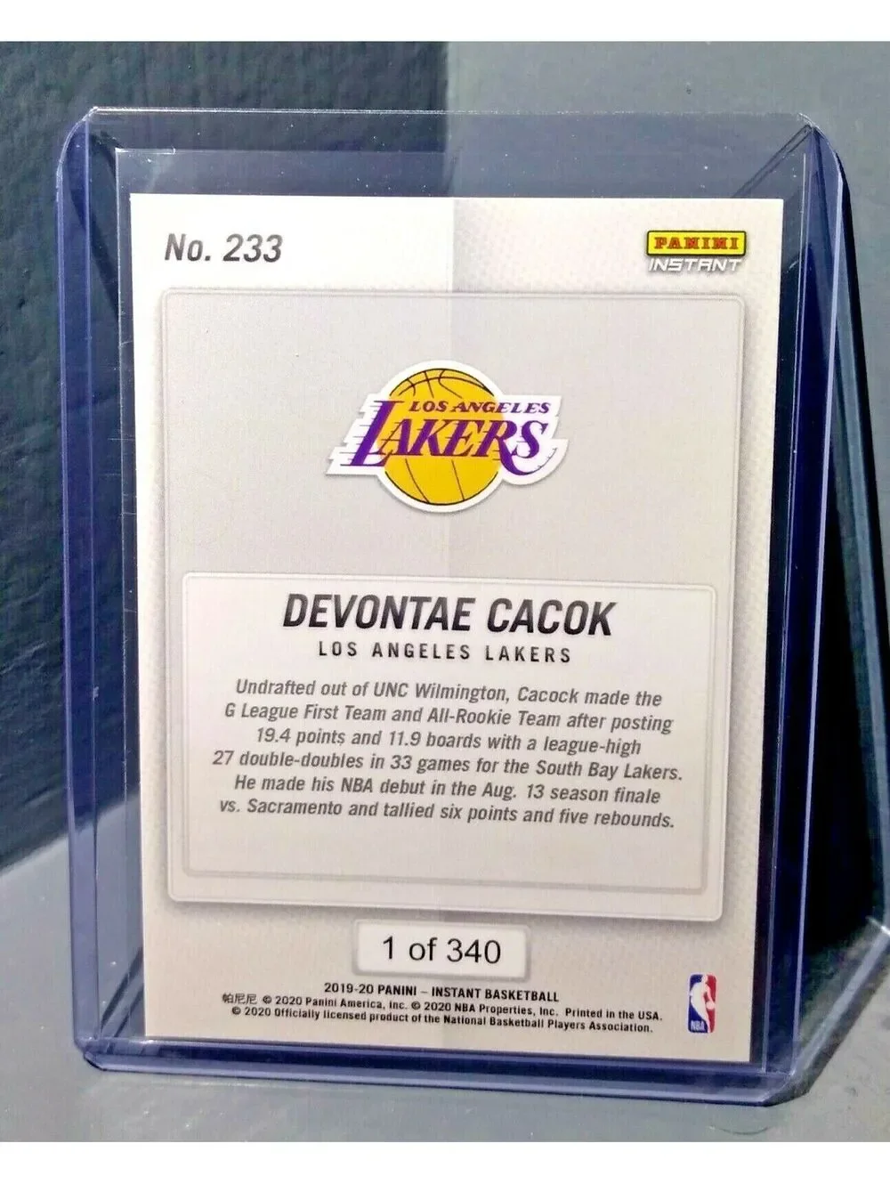 Devontae Cacok 2019-20 Panini NBA Instant Lakers #233 Basketball Card 1 of 340